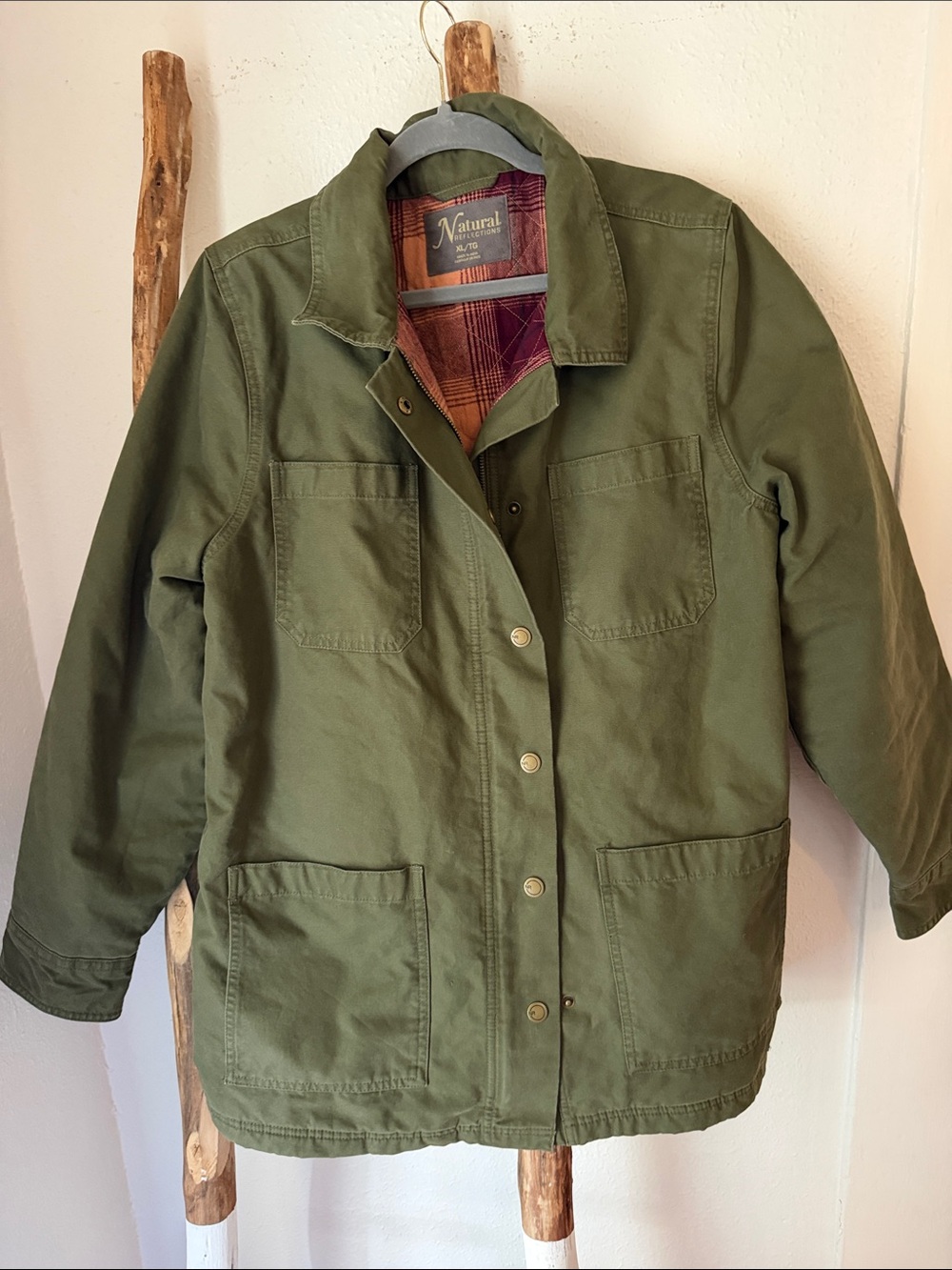 NATURAL LIFE Olive Green Canvas Plaid Flannel Lined Utility Chore Coat Jacket XL